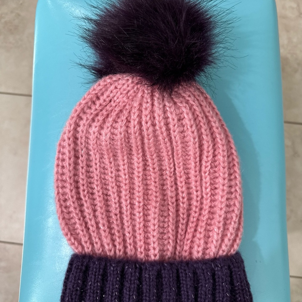 Pink and Black Knit Beanie with Pom Pom